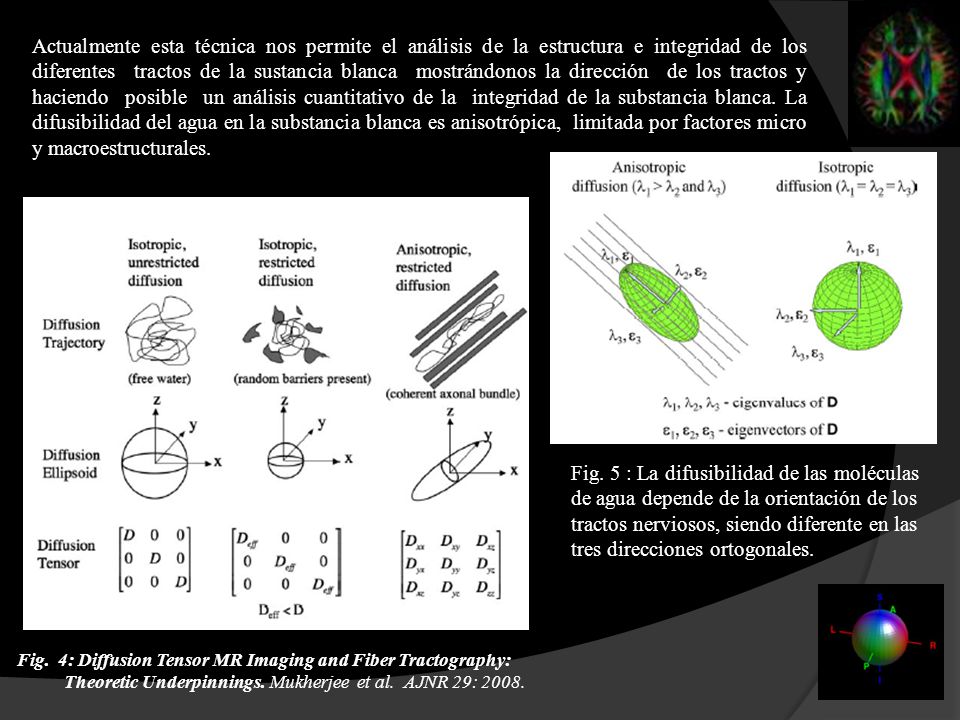 Actualmente esta técnica nos permite el análisis de la estructura e integridad de los diferentes tractos de la sustancia blanca mostrándonos la dirección de los tractos y haciendo posible un análisis cuantitativo de la integridad de la substancia blanca. La difusibilidad del agua en la substancia blanca es anisotrópica, limitada por factores micro y macroestructurales.