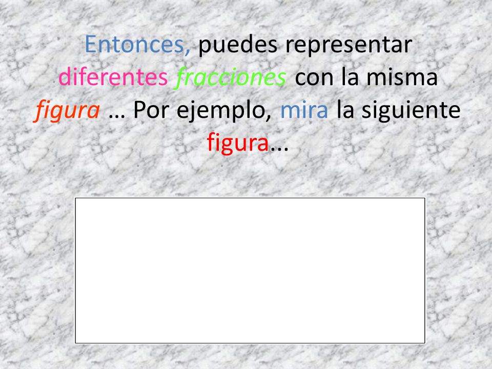Entonces, puedes representar diferentes fracciones con la misma figura … Por ejemplo, mira la siguiente figura...