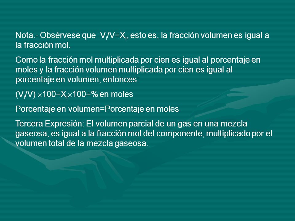 Nota.- Obsérvese que Vi/V=Xi, esto es, la fracción volumen es igual a la fracción mol.