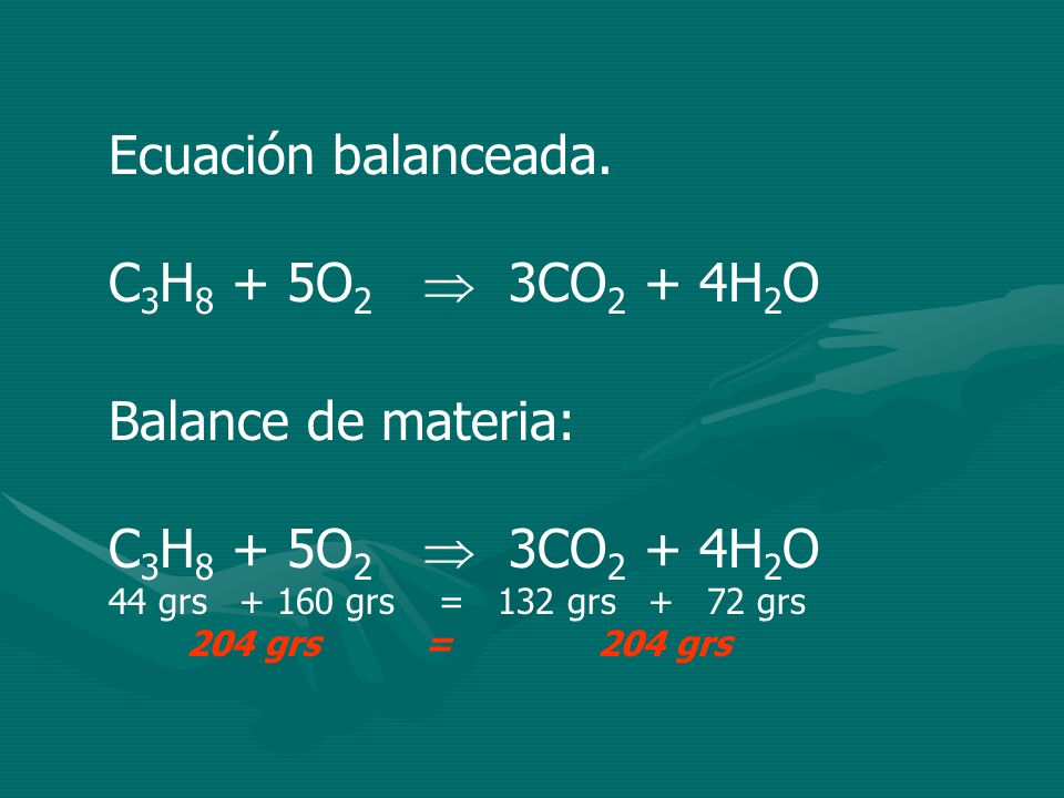 Ecuación balanceada. C3H8 + 5O2  3CO2 + 4H2O Balance de materia: