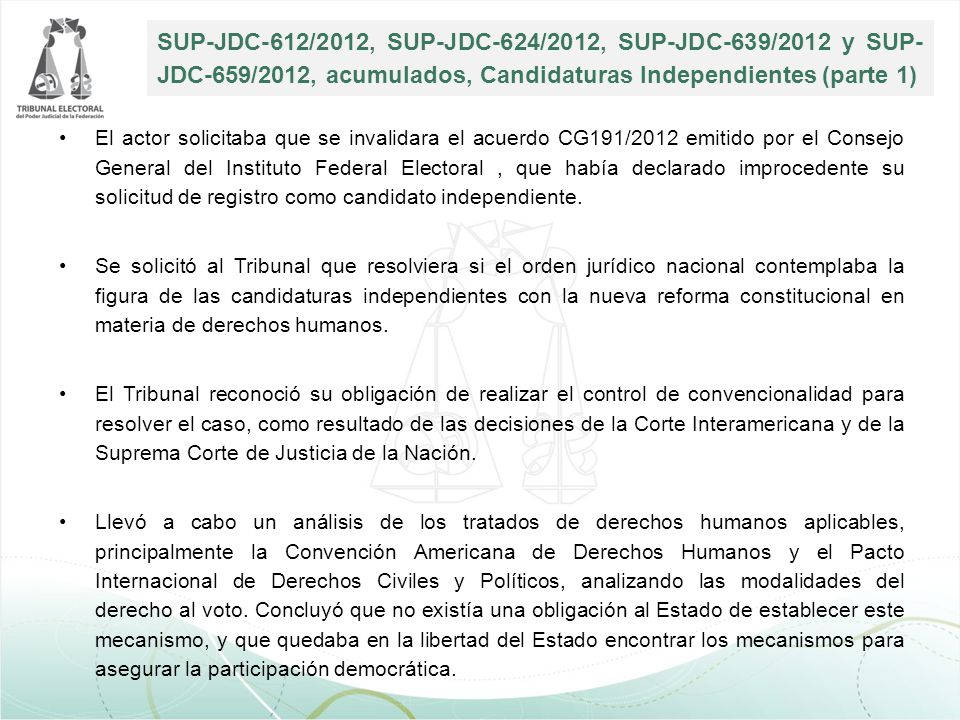 SUP-JDC-612/2012, SUP-JDC-624/2012, SUP-JDC-639/2012 y SUP-JDC-659/2012, acumulados, Candidaturas Independientes (parte 1)
