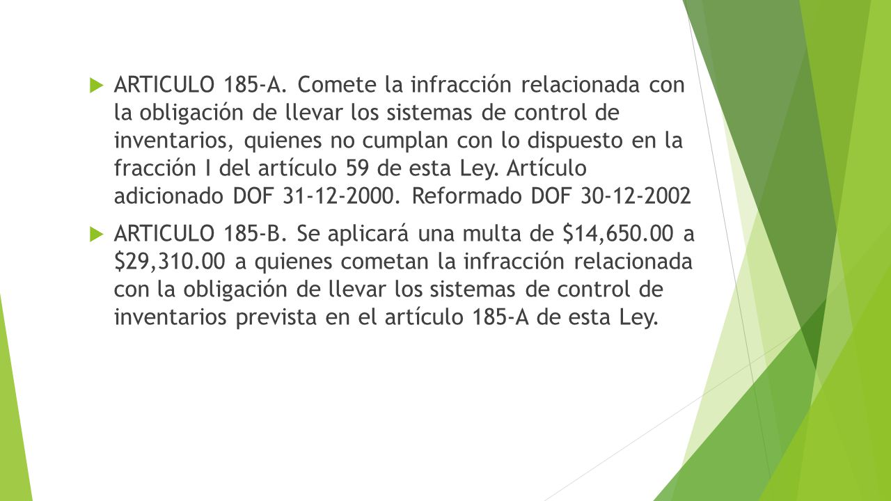 ARTICULO 185-A. Comete la infracción relacionada con la obligación de llevar los sistemas de control de inventarios, quienes no cumplan con lo dispuesto en la fracción I del artículo 59 de esta Ley. Artículo adicionado DOF Reformado DOF