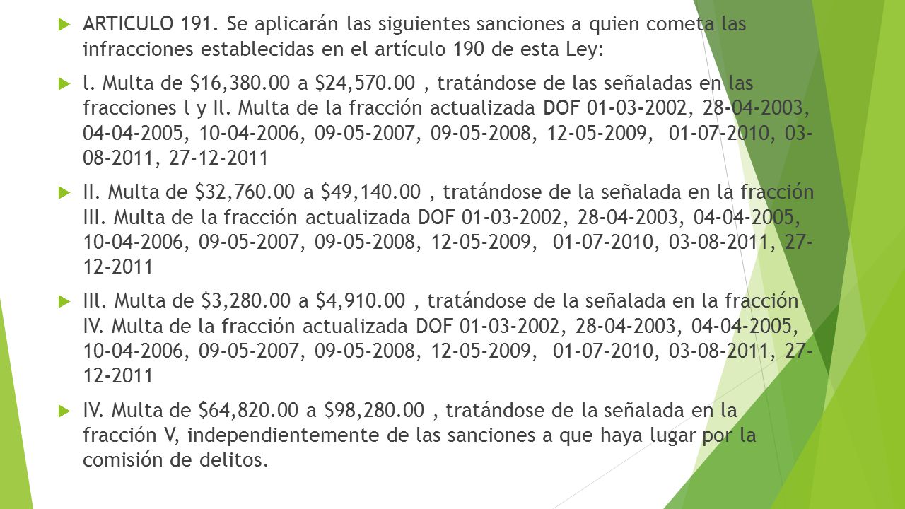 ARTICULO 191. Se aplicarán las siguientes sanciones a quien cometa las infracciones establecidas en el artículo 190 de esta Ley: