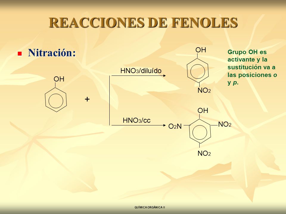 REACCIONES DE FENOLES Nitración: + OH HNO3/diluído OH NO2 OH HNO3/cc