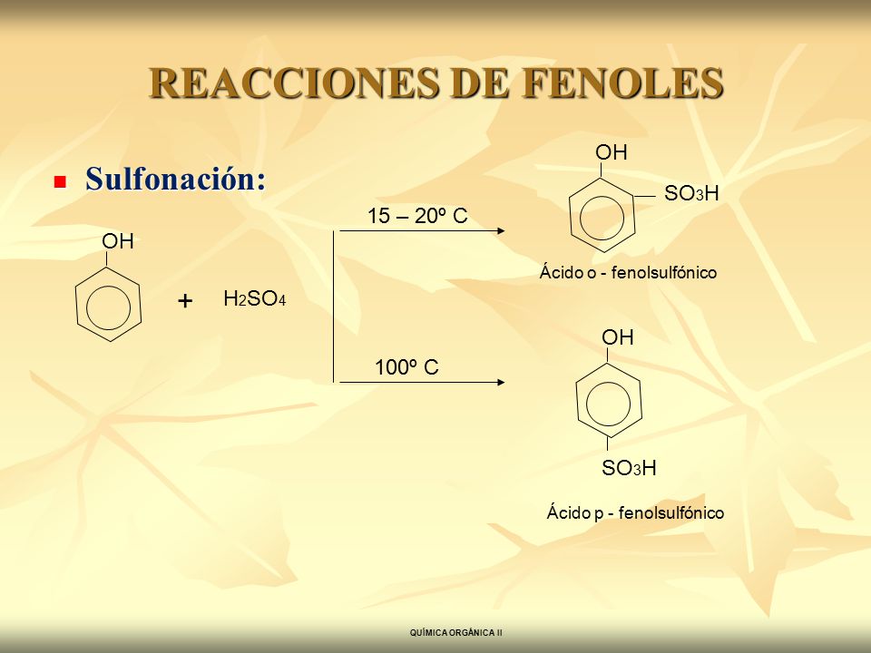 REACCIONES DE FENOLES Sulfonación: + OH SO3H 15 – 20º C OH H2SO4 OH