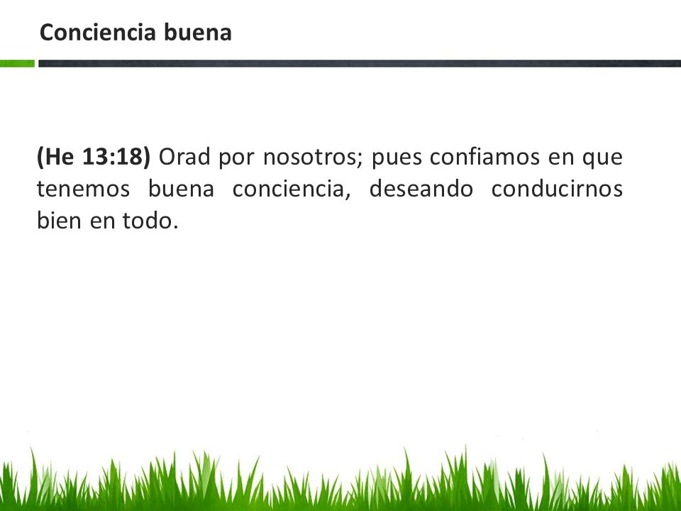 Conciencia buena (He 13:18) Orad por nosotros; pues confiamos en que tenemos buena conciencia, deseando conducirnos bien en todo.