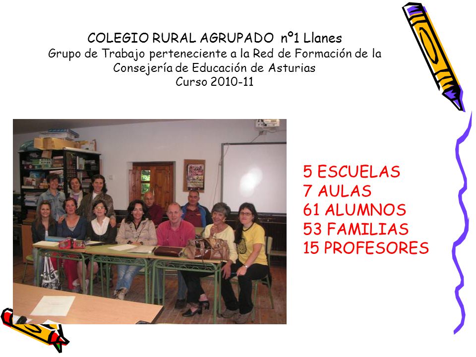 5 ESCUELAS 7 AULAS 61 ALUMNOS 53 FAMILIAS 15 PROFESORES