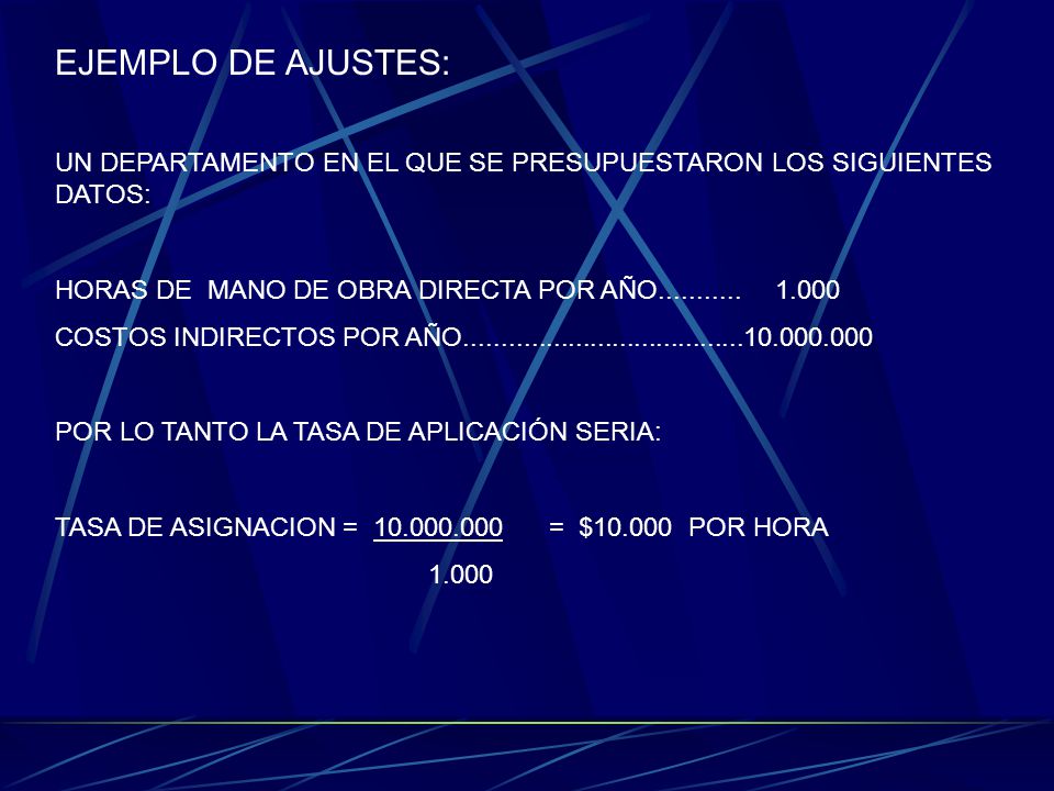EJEMPLO DE AJUSTES: UN DEPARTAMENTO EN EL QUE SE PRESUPUESTARON LOS SIGUIENTES DATOS: HORAS DE MANO DE OBRA DIRECTA POR AÑO