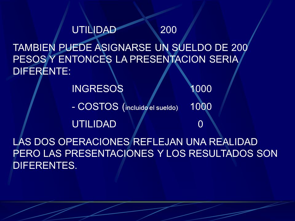 UTILIDAD 200 TAMBIEN PUEDE ASIGNARSE UN SUELDO DE 200 PESOS Y ENTONCES LA PRESENTACION SERIA DIFERENTE: