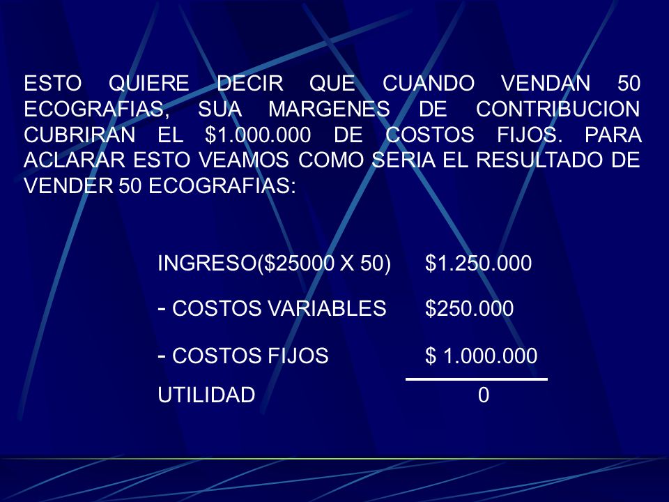 ESTO QUIERE DECIR QUE CUANDO VENDAN 50 ECOGRAFIAS, SUA MARGENES DE CONTRIBUCION CUBRIRAN EL $ DE COSTOS FIJOS. PARA ACLARAR ESTO VEAMOS COMO SERIA EL RESULTADO DE VENDER 50 ECOGRAFIAS: