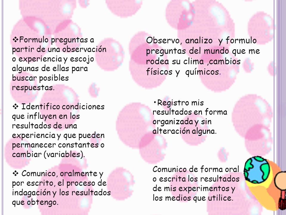 Formulo preguntas a partir de una observación o experiencia y escojo algunas de ellas para buscar posibles respuestas.