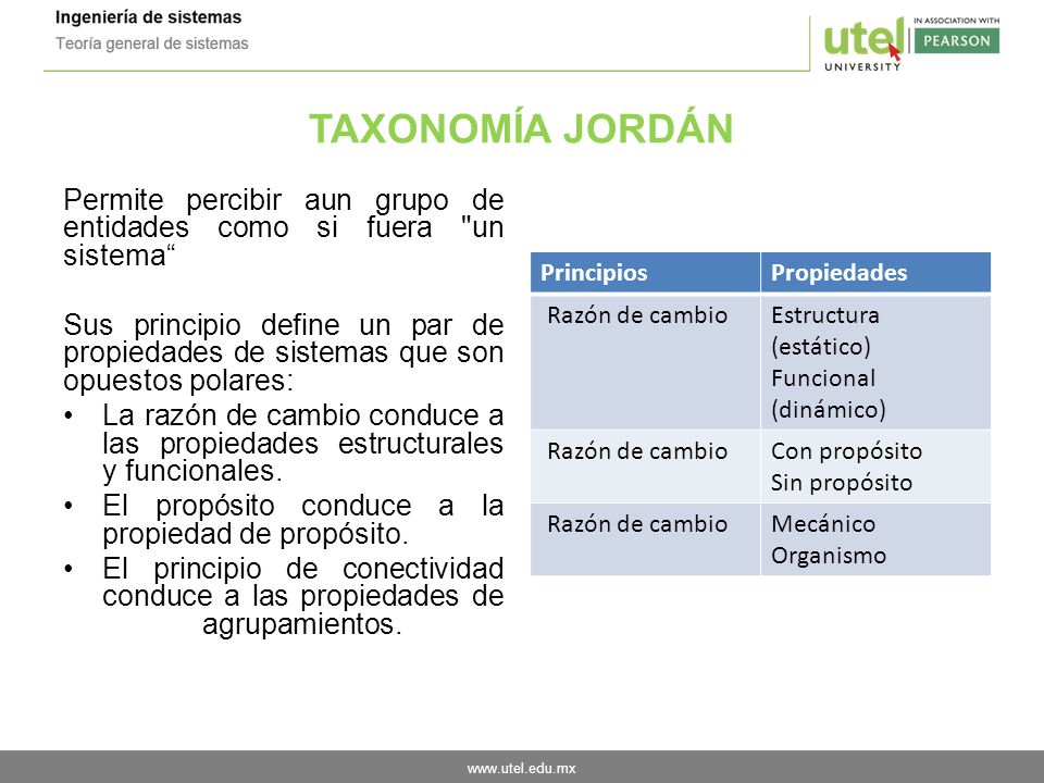 TAXONOMÍA JORDÁN Permite percibir aun grupo de entidades como si fuera un sistema