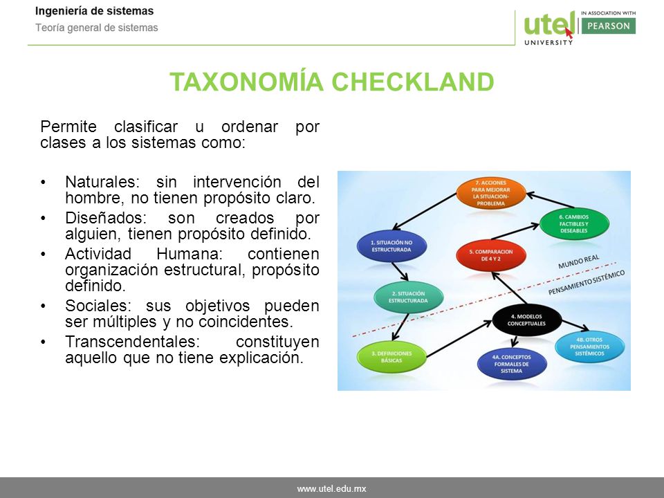 TAXONOMÍA CHECKLAND Permite clasificar u ordenar por clases a los sistemas como: Naturales: sin intervención del hombre, no tienen propósito claro.
