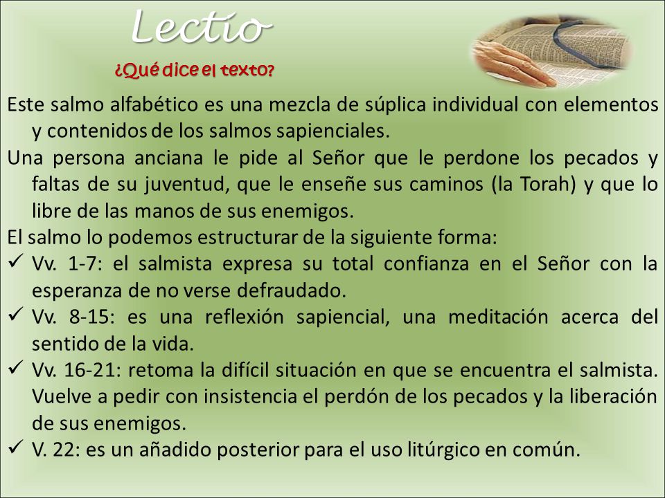 Lectio ¿Qué dice el texto Este salmo alfabético es una mezcla de súplica individual con elementos y contenidos de los salmos sapienciales.