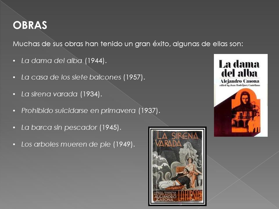 OBRAS Muchas de sus obras han tenido un gran éxito, algunas de ellas son: La dama del alba (1944).