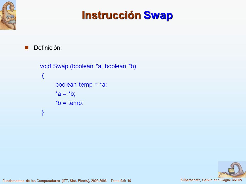 Instrucción Swap Definición: void Swap (boolean *a, boolean *b) {