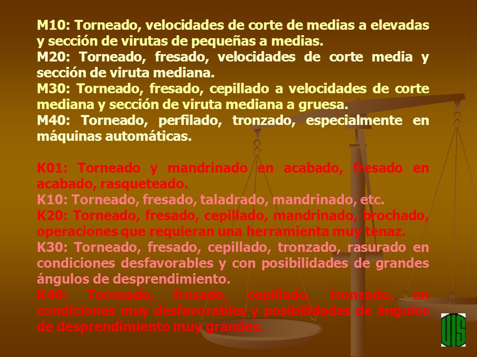 M10: Torneado, velocidades de corte de medias a elevadas y sección de virutas de pequeñas a medias.