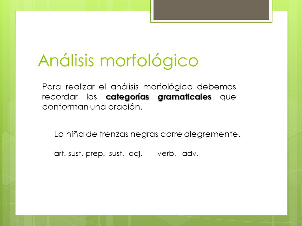 Análisis morfológico Para realizar el análisis morfológico debemos recordar las categorías gramaticales que conforman una oración.