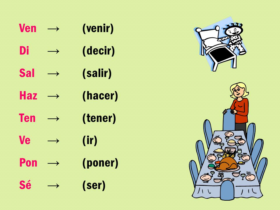 Ven → Di → Sal → Haz → Ten → Ve → Pon → Sé → (venir) (decir) (salir) (hacer) (tener) (ir)