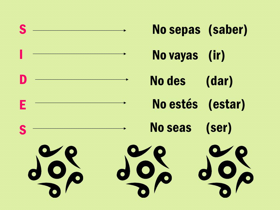 S I D E No sepas (saber) No vayas (ir) No des (dar) No estés (estar) No seas (ser)