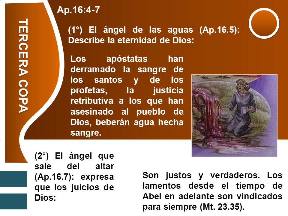 Ap.16:4-7 (1°) El ángel de las aguas (Ap.16.5): Describe la eternidad de Dios: TERCERA COPA.
