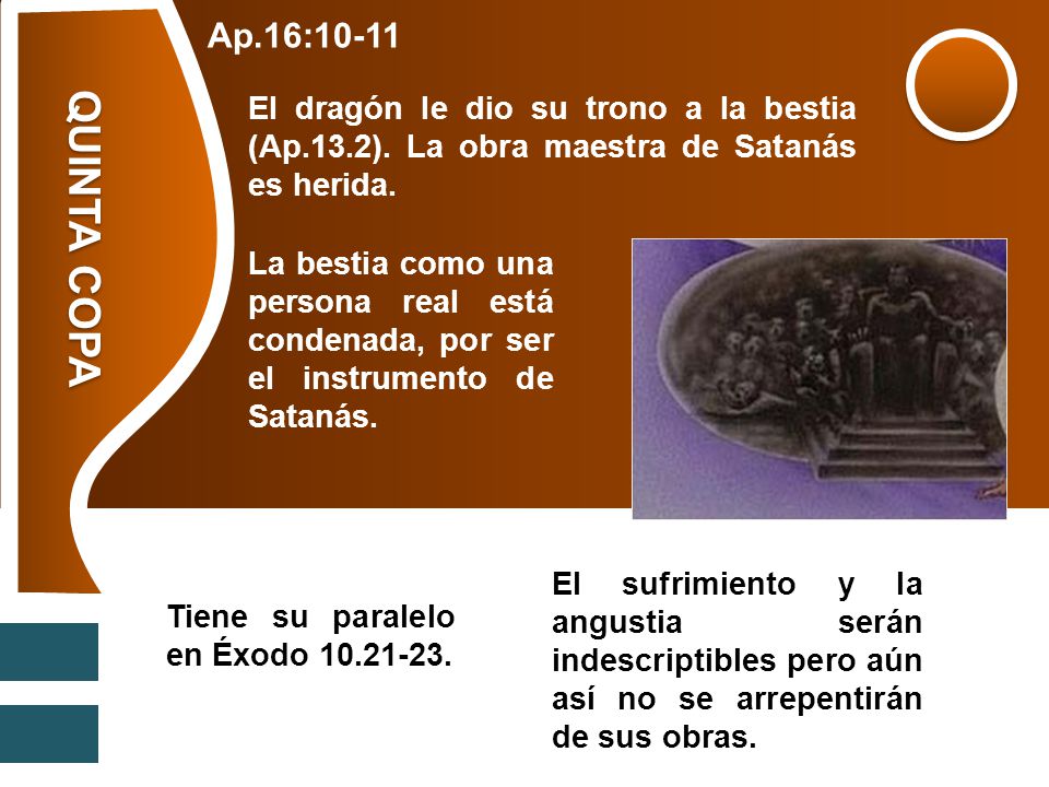 Ap.16:10-11 El dragón le dio su trono a la bestia (Ap.13.2). La obra maestra de Satanás es herida. QUINTA COPA.