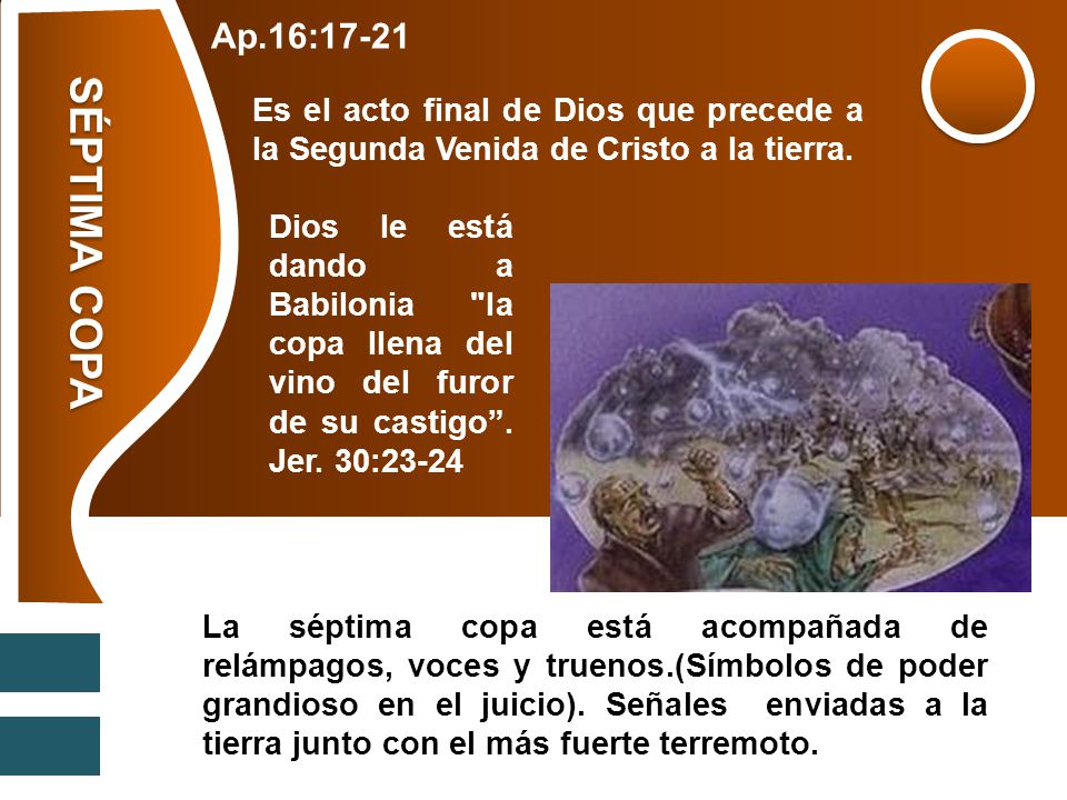 Ap.16:17-21 Es el acto final de Dios que precede a la Segunda Venida de Cristo a la tierra. SÉPTIMA COPA.