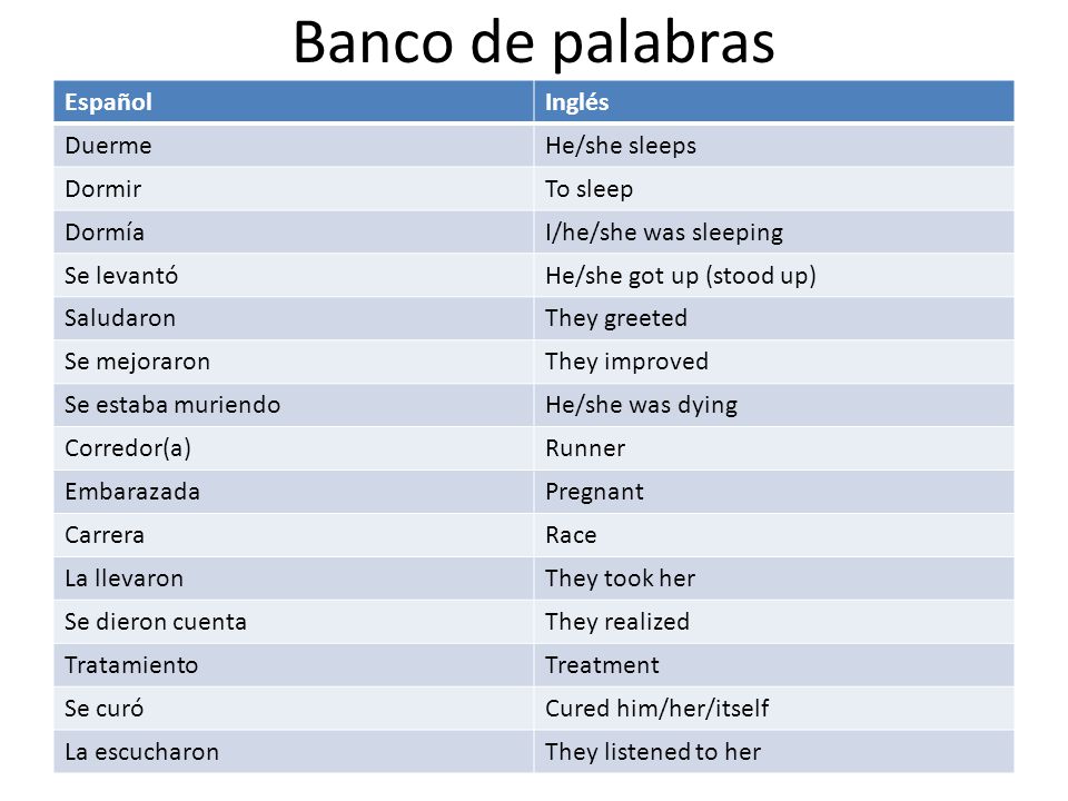 Banco de palabras Español Inglés Duerme He/she sleeps Dormir To sleep