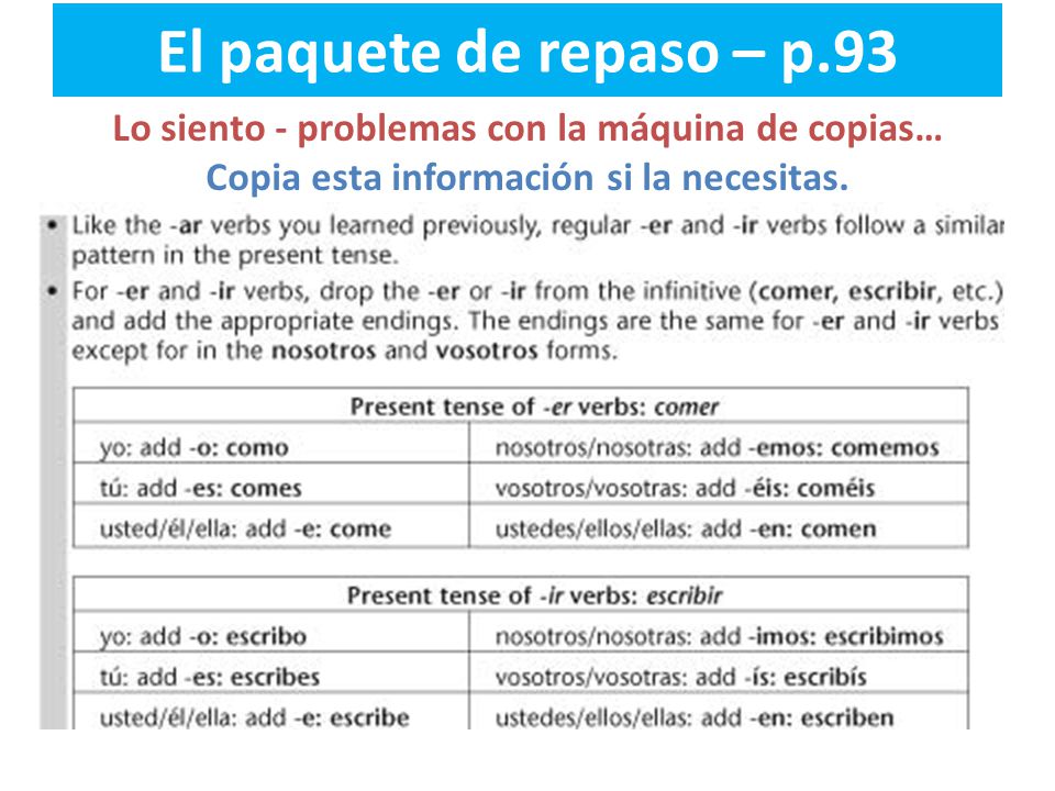 El paquete de repaso – p.93 Lo siento - problemas con la máquina de copias… Copia esta información si la necesitas.