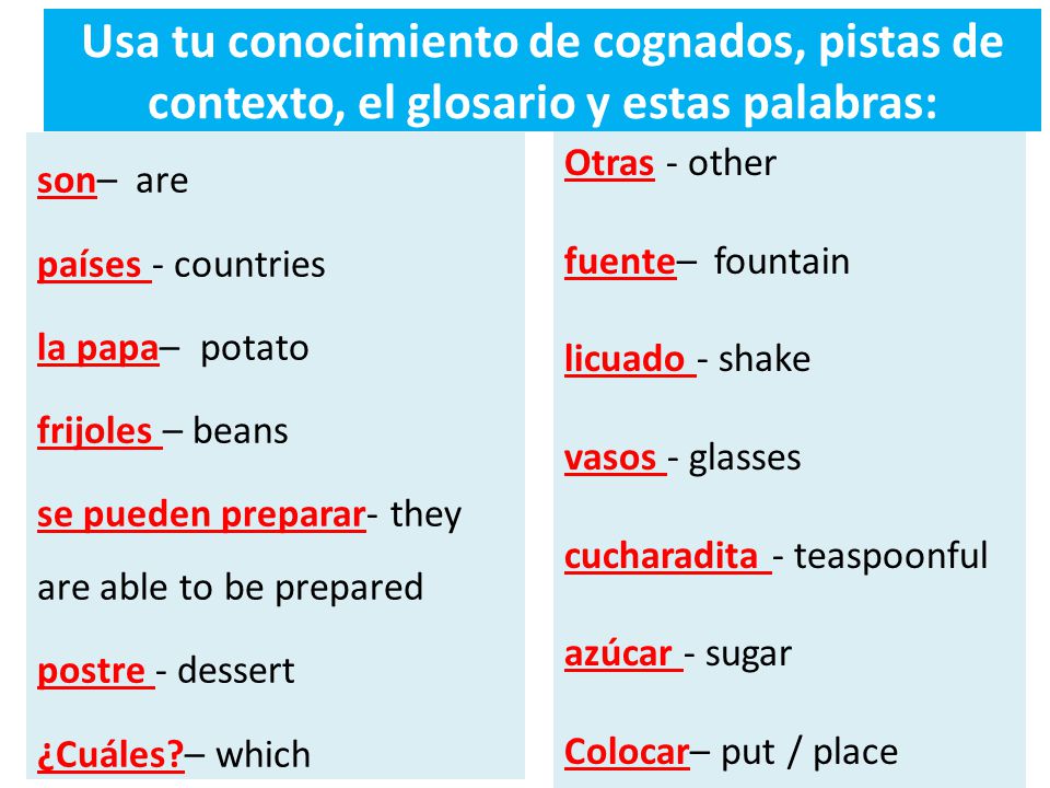 Usa tu conocimiento de cognados, pistas de contexto, el glosario y estas palabras: