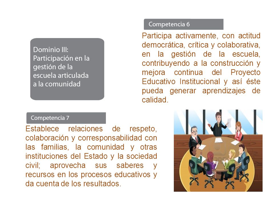 Participa activamente, con actitud democrática, crítica y colaborativa, en la gestión de la escuela, contribuyendo a la construcción y mejora continua del Proyecto Educativo Institucional y así éste pueda generar aprendizajes de calidad.