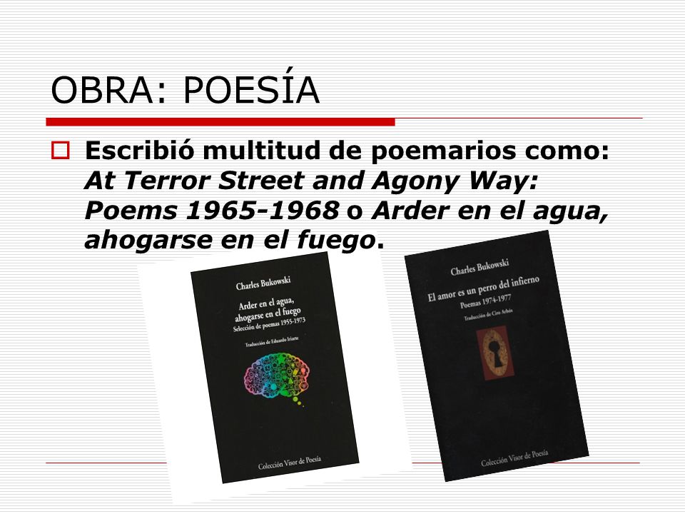 OBRA: POESÍA Escribió multitud de poemarios como: At Terror Street and Agony Way: Poems o Arder en el agua, ahogarse en el fuego.