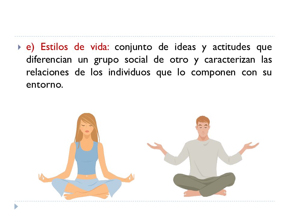 e) Estilos de vida: conjunto de ideas y actitudes que diferencian un grupo social de otro y caracterizan las relaciones de los individuos que lo componen con su entorno.
