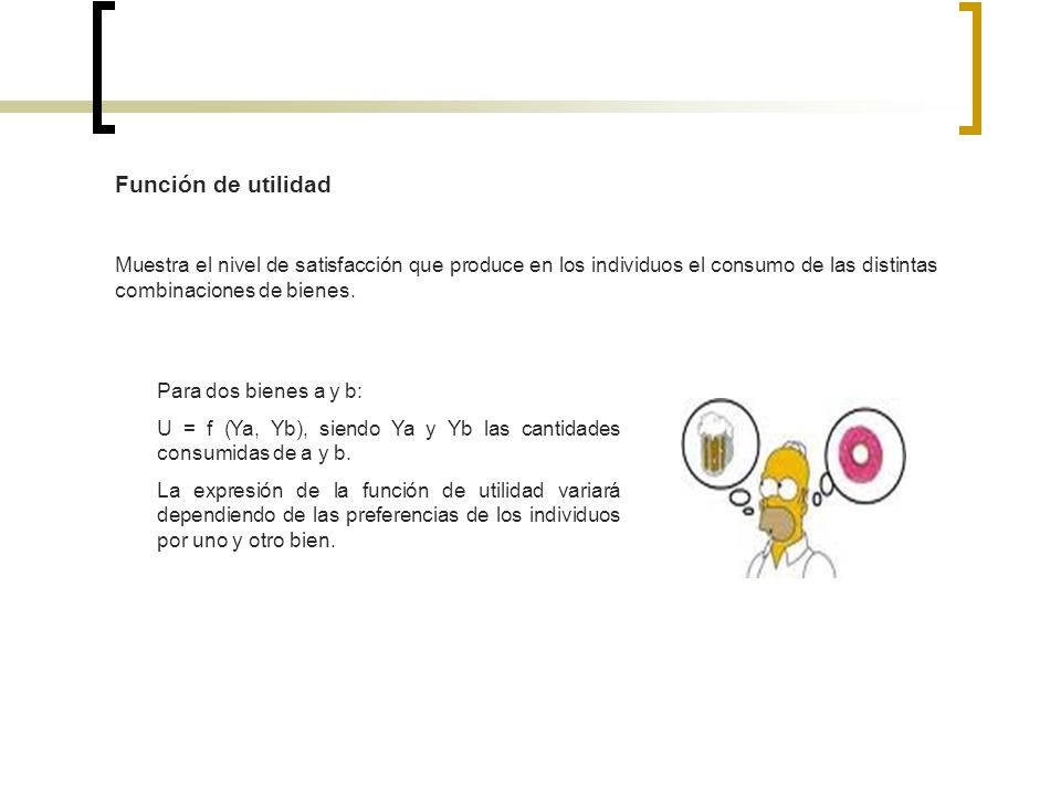 Función de utilidad Muestra el nivel de satisfacción que produce en los individuos el consumo de las distintas combinaciones de bienes.