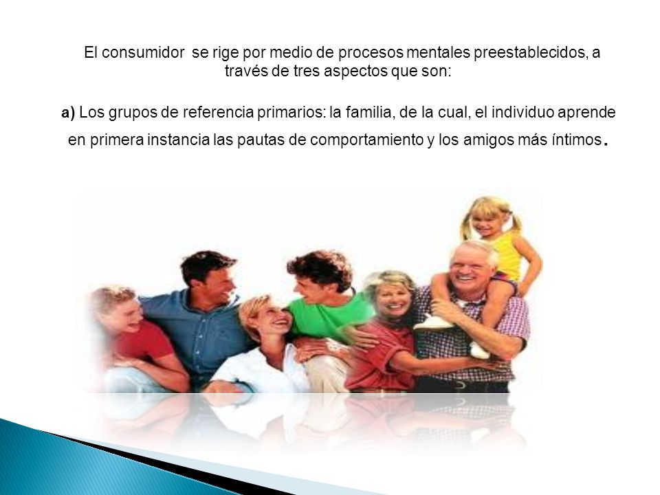 El consumidor se rige por medio de procesos mentales preestablecidos, a través de tres aspectos que son: a) Los grupos de referencia primarios: la familia, de la cual, el individuo aprende en primera instancia las pautas de comportamiento y los amigos más íntimos.