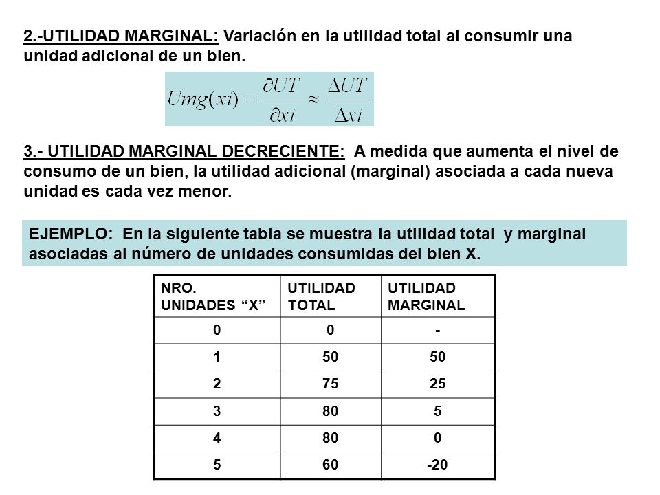 2.-UTILIDAD MARGINAL: Variación en la utilidad total al consumir una unidad adicional de un bien.