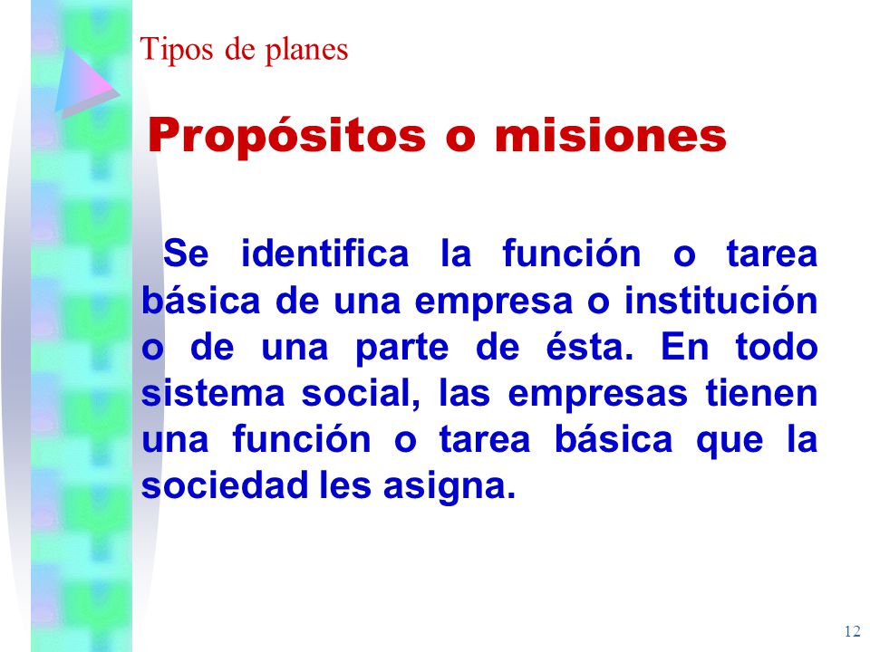 Tipos de planes Propósitos o misiones.