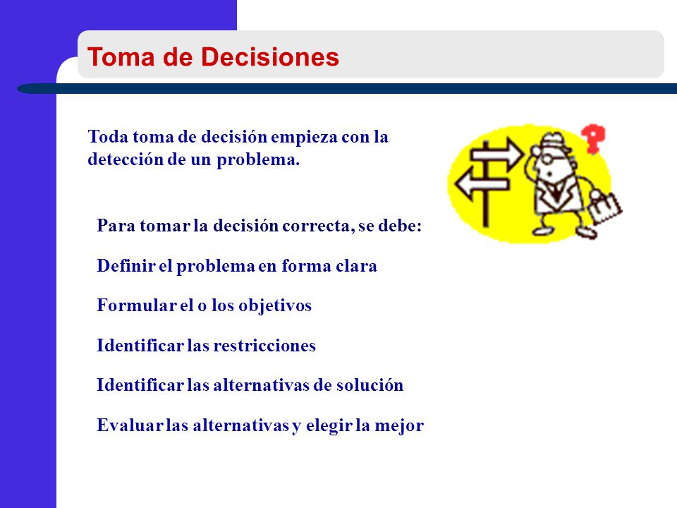 Toma de Decisiones Toda toma de decisión empieza con la detección de un problema. Para tomar la decisión correcta, se debe: