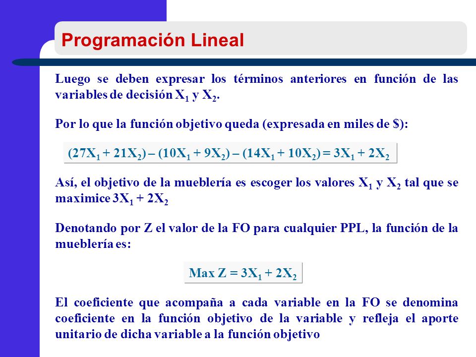 Programación Lineal Luego se deben expresar los términos anteriores en función de las variables de decisión X1 y X2.