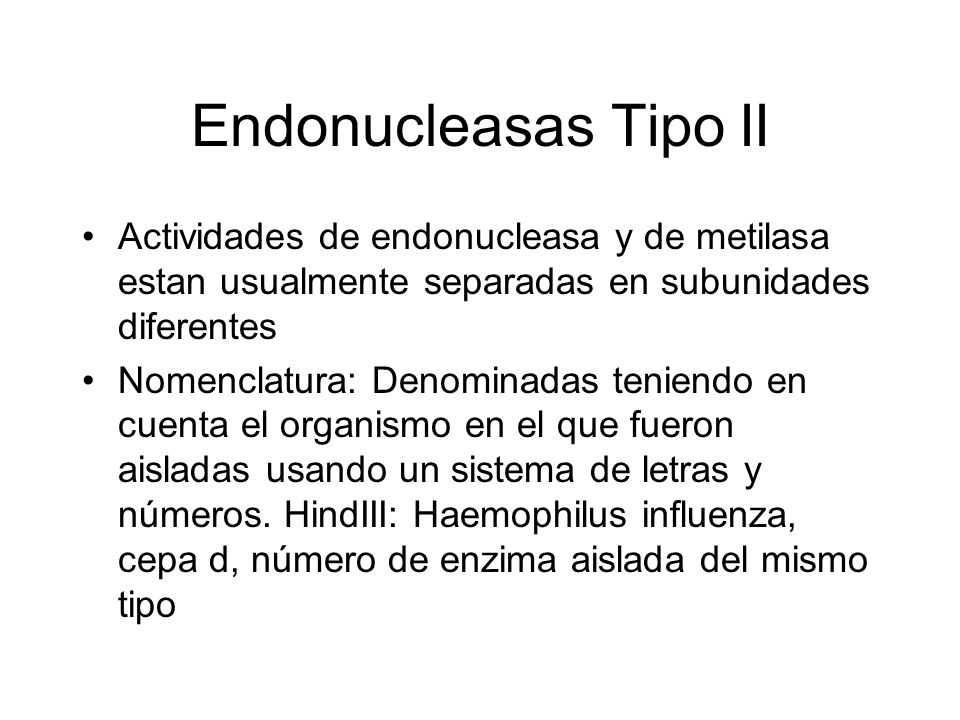 Endonucleasas Tipo II Actividades de endonucleasa y de metilasa estan usualmente separadas en subunidades diferentes.