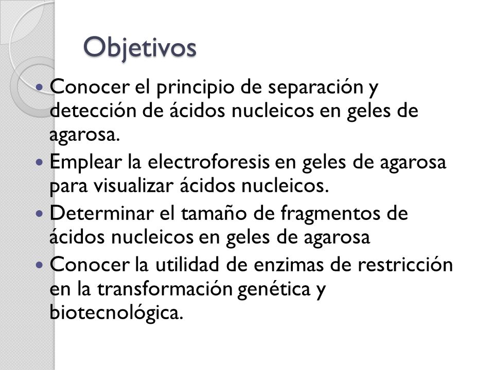 Objetivos Conocer el principio de separación y detección de ácidos nucleicos en geles de agarosa.