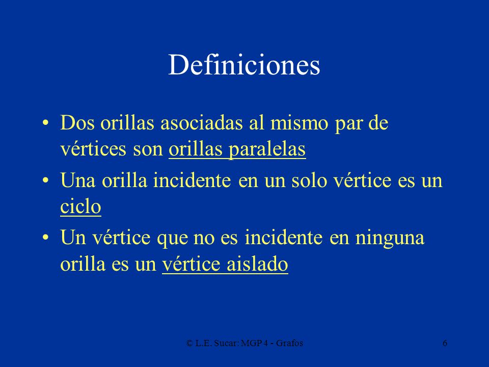 Definiciones Dos orillas asociadas al mismo par de vértices son orillas paralelas. Una orilla incidente en un solo vértice es un ciclo.