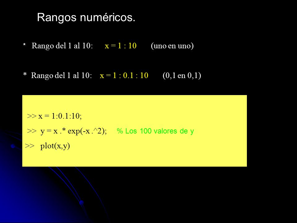 Rangos numéricos. * Rango del 1 al 10: x = 1 : 0.1 : 10 (0,1 en 0,1)