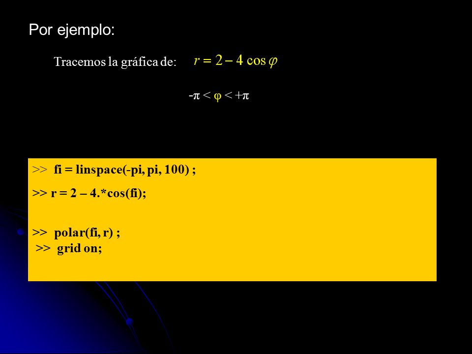 >> fi = linspace(-pi, pi, 100) ; >> r = 2 – 4.*cos(fi);