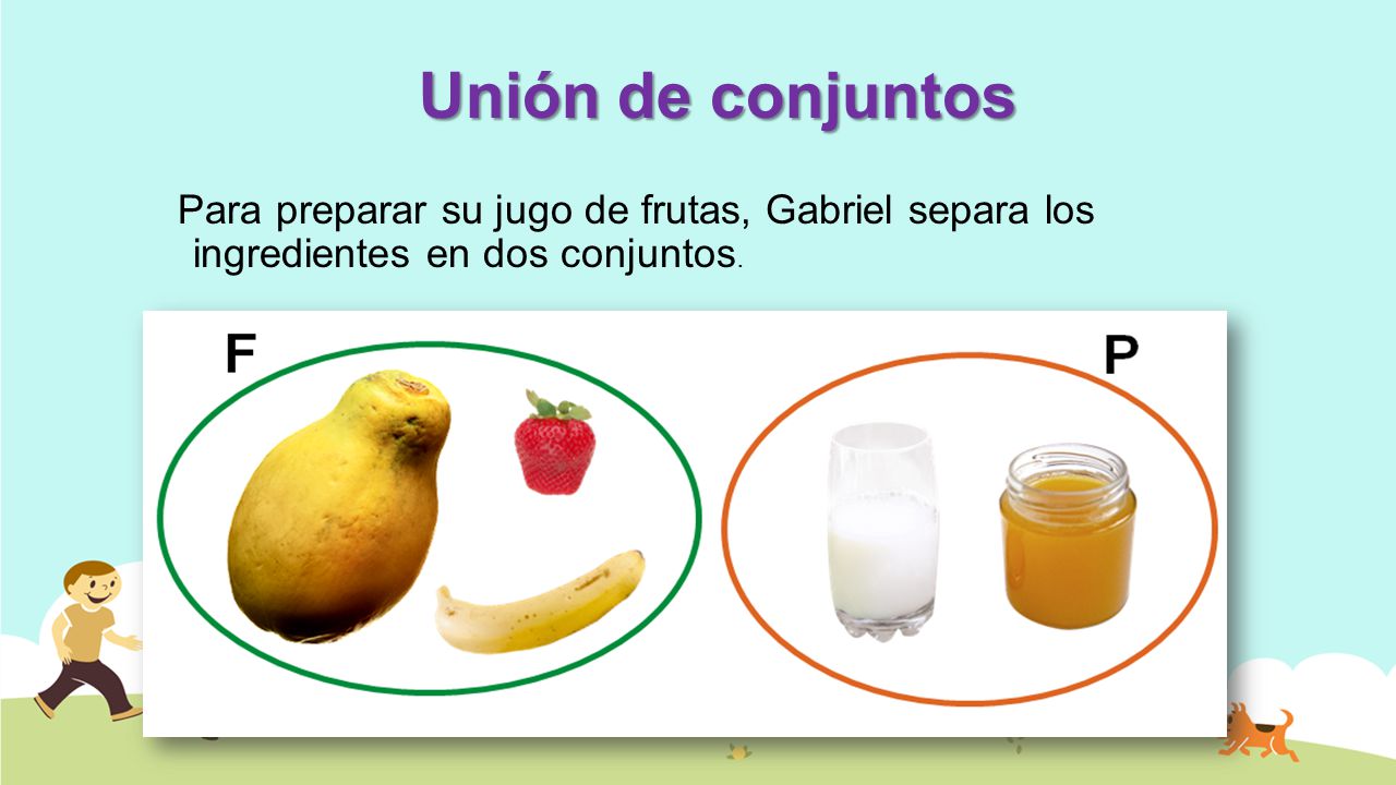 Unión de conjuntos Para preparar su jugo de frutas, Gabriel separa los ingredientes en dos conjuntos.