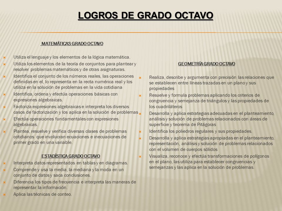 LOGROS DE GRADO OCTAVO MATEMÁTICAS GRADO OCTAVO. Utiliza el lenguaje y los elementos de la lógica matemática.