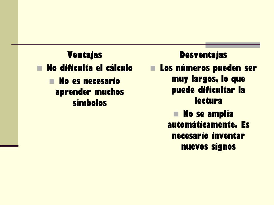 No dificulta el cálculo No es necesario aprender muchos símbolos
