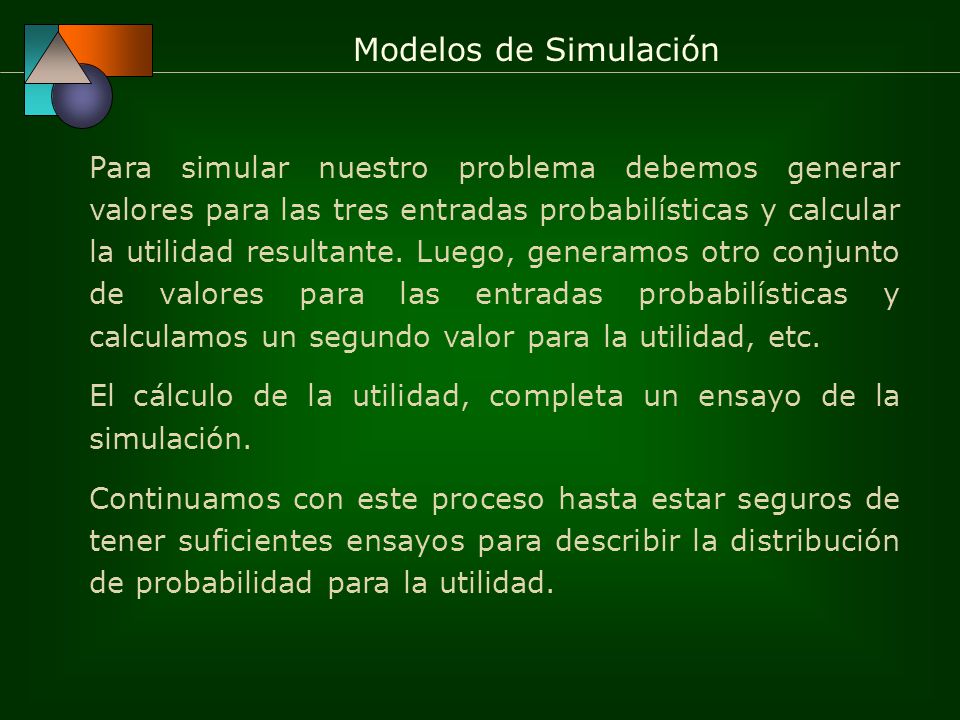 Para simular nuestro problema debemos generar valores para las tres entradas probabilísticas y calcular la utilidad resultante. Luego, generamos otro conjunto de valores para las entradas probabilísticas y calculamos un segundo valor para la utilidad, etc.