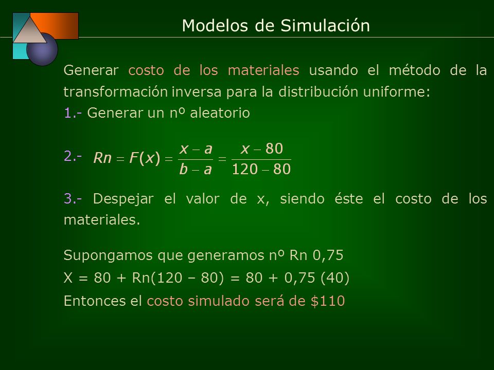 Generar costo de los materiales usando el método de la transformación inversa para la distribución uniforme: