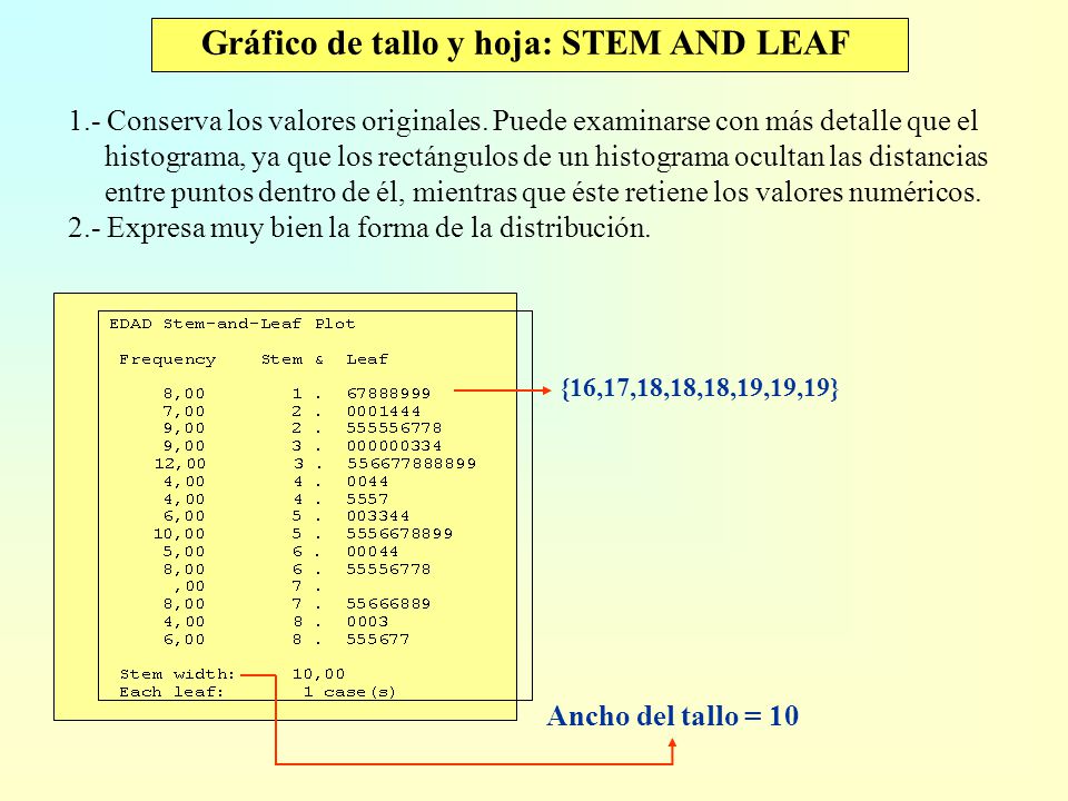 Gráfico de tallo y hoja: STEM AND LEAF